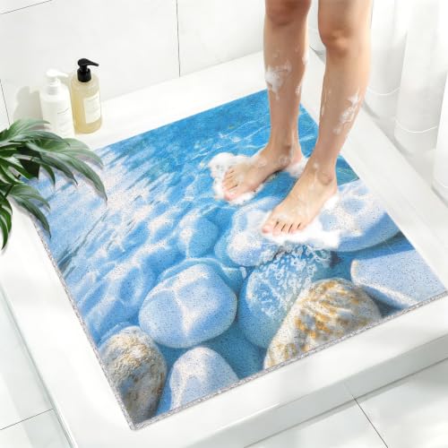 Square Shower Mat, Yonala 24 x 24 Inch Stylish Non Slip Shower Mats for Inside Shower, Soft Trimmable PVC Loofah Anti Slip Shower Mat, Fast Drying Shower Floor Mat for Bathroom, Home, Bath Tub - color: White Pebbles, size: 24" x 24" (Square)