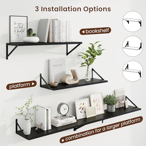 30 Inch Floating Shelves, 10 Inch Deep Black Wall Shelves Set of 2 | 30'' x 10'' Rustic Wood Shelves with Heavy Duty Brackets, Deep Shelves for Bathroom, Living Room, Engineered Wood, 40LBS - color: Black, size: 30W x 10D