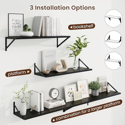 30 Inch Floating Shelves, 10 Inch Deep Black Wall Shelves Set of 2 | 30'' x 10'' Rustic Wood Shelves with Heavy Duty Brackets, Deep Shelves for Bathroom, Living Room, Engineered Wood, 40LBS - color: Black, size: 30W x 10D