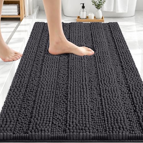 OLANLY Thick Bathroom Rugs 30x20, Chenille Striped Bath Rugs, Dark Grey | Rubber Backing, Machine Wash, Extra Soft Absorbent Bath Mats for Bathroom Floor, Tub and Shower, Home Decor Accessories - color: Dark Grey, size: 30" X 20"