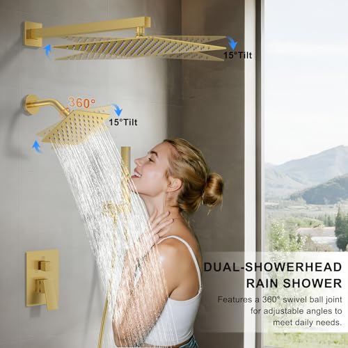 Rain Shower System 12" & 6" Dual Shower Heads, Wall Mount Shower Faucet Set | Ideal for bathroom remodels and upgrades with 12" rain shower, 6" angled shower, handheld spray and complete valve kit. - color: Brushed Gold, size: Wall Mounted - 12"+6" Shower