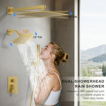Rain Shower System 12" & 6" Dual Shower Heads, Wall Mount Shower Faucet Set | Ideal for bathroom remodels and upgrades with 12" rain shower, 6" angled shower, handheld spray and complete valve kit. - color: Brushed Gold, size: Wall Mounted - 12"+6" Shower