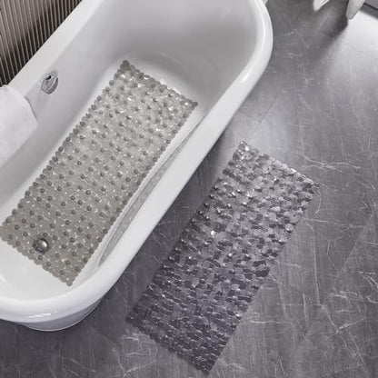 Webos Bath Shower Mat Non Slip: Extra Large Pebble Bathtub mat for Families, Anti Slip Shower Matt with Drain Holes Suction Cups Tub Mat - 16 X 40 Inch Clear Grey - color: Pebble Clear Grey