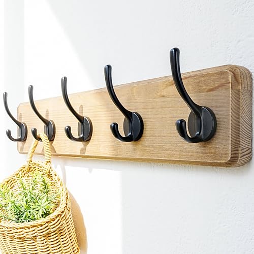 Coat Rack Wall: Patented, Heavy-Duty, 17.4" Long 5-Double-Hooks Wooden Wall Mounted Coat Rack Coat Hanger Hook Rail for Winter Coats Hat Jacket Clothing, Weathered Brown - color: Weathered Brown & Black, size: L=17.4" (1pcs)