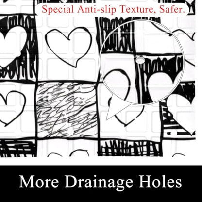 Doodle Checkerboard Texture with Hearts Bath Tub and Shower Mats, Non Slip Bathmat with Drain Holes and Suction Cups for Bathroom Floor, 15.1 x 26.8 Inch - color: Multi 09