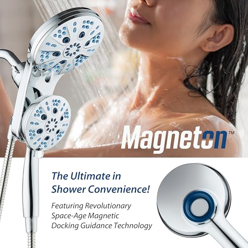 AquaCare Magneton 48-Mode High Pressure Rain & Handheld Shower Head Combo | Space-age Magnetic Guidance Docking, Dual 6-mode Heads with Hygienic Jets, Extra-long 6 ft. Stainless Steel Hose / Chrome - color: Chrome