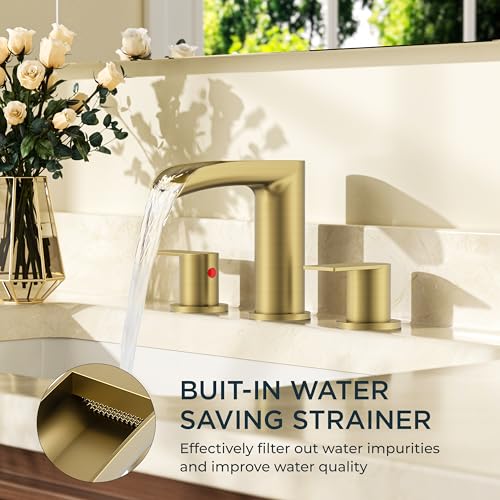 FORIOUS Bathroom Faucet 3 Hole Widespread Sink 8 Inch 2 Handle Brushed Gold | 3-hole 6-12 Inch Widespread Sink, Waterfall Faucets, with Drain and Hoses,for Vanity Rv Commercial Lavatory Restroom Basin - color: Brushed Gold