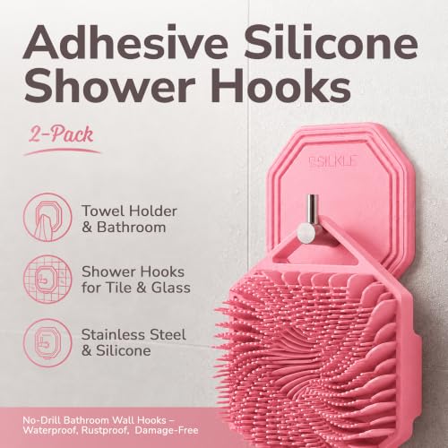 SILKLE Silicone Shower Hooks for Inside Shower, 2-Pack Adhesive Towel Hooks | Adhesive Shower Hooks, No Drill - Razor & Loofah Holders for Shower Wall, Heavy-Duty, Waterproof, Damage-Free - Pink - color: Pink