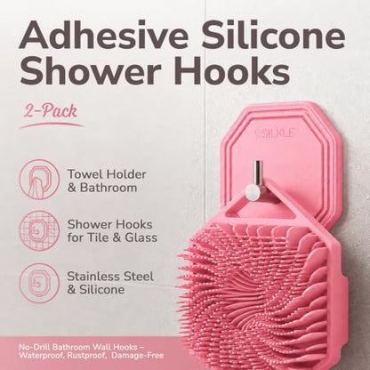 SILKLE Silicone Shower Hooks for Inside Shower, 2-Pack Adhesive Towel Hooks | Adhesive Shower Hooks, No Drill - Razor & Loofah Holders for Shower Wall, Heavy-Duty, Waterproof, Damage-Free - Pink - color: Pink