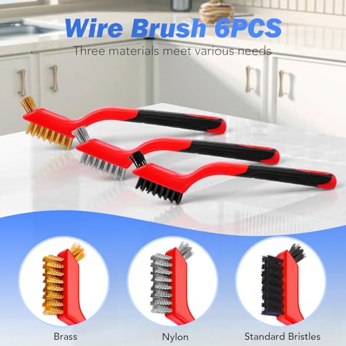 Wire Brush Set, 6 Pcs Brass/Stainless Steel/Nylon Wire Brushes | Red, 7" Total Length for Tight Spaces, For Cleaning with Curved Handle Grip for Rust Removal, Dirt, Paint Scrubbing - style: Red-6pcs