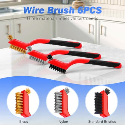 Wire Brush Set, 6 Pcs Brass/Stainless Steel/Nylon Wire Brushes | Red, 7" Total Length for Tight Spaces, For Cleaning with Curved Handle Grip for Rust Removal, Dirt, Paint Scrubbing - style: Red-6pcs