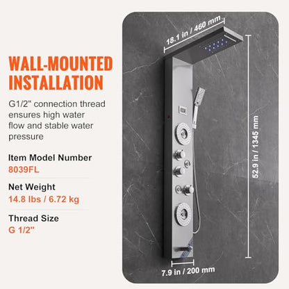 VEVOR Shower Panel Tower System, 6 Shower Modes, LED & Display Shower Panel, Rainfall, Waterfall, 4 Body Massage Jets, Tub Spout, Handheld Shower Head 59" Hose, Stainless Steel Wall-Mounted Shower Set