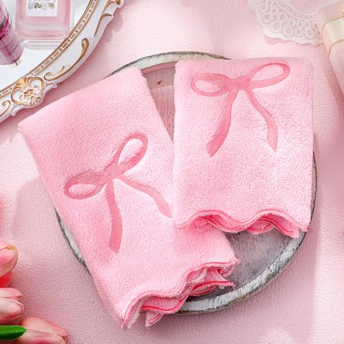 SmoothNovelty 2 Pcs Scalloped Pink Bow Fingertip Towels for Bathroom 12 x 18 Inch Small Fingertip Towels with Embroidery Coquette Bow 100% Cotton Soft Absorbent Guest and Housewarming Gift
