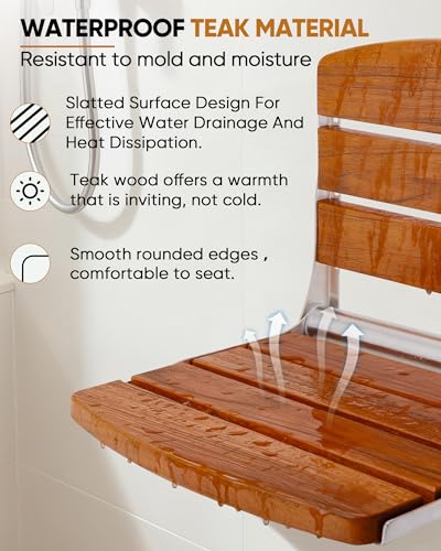 Folding Shower Seat Chair for Inside Shower Wall Mounted for Small Spaces | Teak wood & stainless steel, folds flat to 2", 400lb capacity, safety pinch-proof design for bathroom/sauna/dressing.