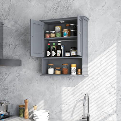 Bathroom Wall Cabinet, Over the Toilet Storage Cabinet with 2 Doors, 3 Heights Adjustable Shelf & Open Shelf, Wooden Hanging Medicine Cabinet for Bathroom, Kitchen, Living & Laundry Room, Gray - color: Grey