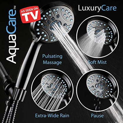 Hotel Spa AquaCare High Pressure 8-mode Handheld Shower Head, Anti-clog Nozzles - Built-in Power Wash to Clean Tub, Tile & Pets, Extra Long 6 ft. Stainless Steel Hose, Wall & Overhead Brackets | Stay Clean Nozzles, Dual Power Wash for Tub, Tile & Pets, Lo