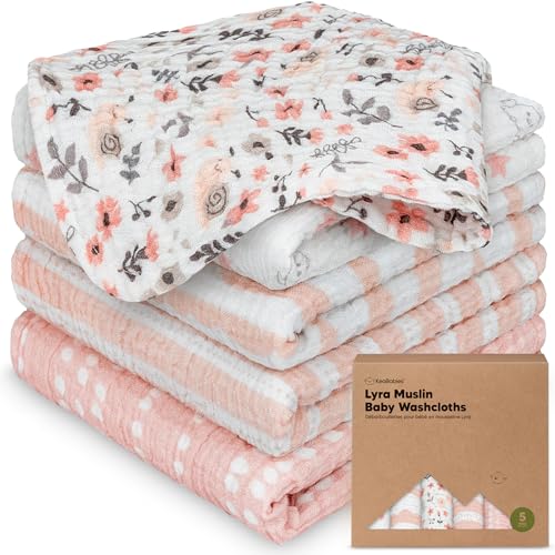 5pk Muslin Baby Washcloths for Newborn, 12x12 Soft Absorbent (Sweet Charm) | Organic Cotton Muslin Wash Cloths for Babies Girl, Boy, Infant, Toddlers, Kids Face Towel,Bath Essentials,Baby Burp Rags - color: Sweet Charm, size: 5-Pack
