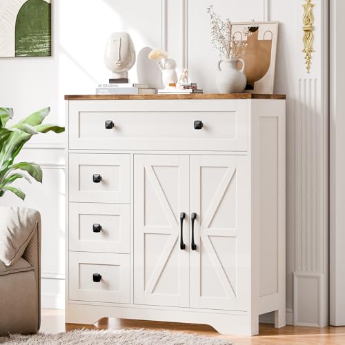 Vabches Farmhouse Storage Cabinet with 2 Doors and 4 Drawers, Freestanding Bathroom Storage Cabinet Kitchen Pantry, Floor Hutch Cupboard for Living Room/Bathroom/Kitchen.(Antique White - color: Unique White, style: 4 Drawers