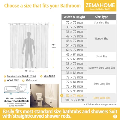 ZEMAHOME Extra Large Size PEVA Plastic Shower Curtain Liner Premium Light Weight 82" x 74" Clear Bathroom Shower Showroom Curtain Liner with Rustproof Metal Gromments and Weighted Magnet - color: A01-clear, size: 82"W x 74"L (Pack of 1)