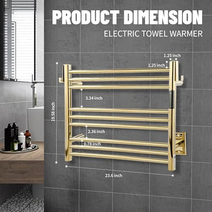 K&KALONZO Wall-Mounted 9-Bar Heated Towel Rack, Fast Heat in 2 Min, NTC Safety | 4 Timers & 3 Heat Levels Control, Plug-In/Hardwired, Top Hooks, Memory Function, Anti-Scald, Stainless Steel, EL13ST - color: Polished Gold, size: H 19.7 x W 23.6