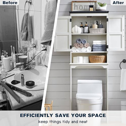 67" Farmhouse Over The Toilet Storage Bathroom Cabinet, Off White | Double Barn Doors, Adjustable Shelf, Open Cubby, Weathered Finish - color: Off White