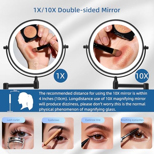 Wall Mounted Makeup Mirror with Light, 8" Double Sided 1X/10X Magnifying Mirror, Rechargeable, 3 Color Lights, Touch Dimmable, 360° Rotation & Extendable Arm