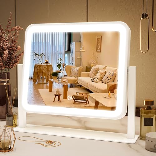 FENNIO Vanity Mirror with Lights 16"×13" Makeup Mirror with Lights,Lighted Vanity Mirror Tabletop,Smart Touch with 3-Color Lighting,Dimmable,for Vanity Desk Tabletop - color: White, size: 16"L x 13"W