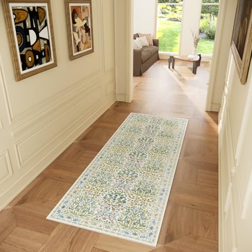 Non-Slip Bathroom Runner Rug 2x6 Feet, Washable Long Kitchen Hallway Laundry Mat, Beige Green Vintage Floral Design - color: White, size: 2x6