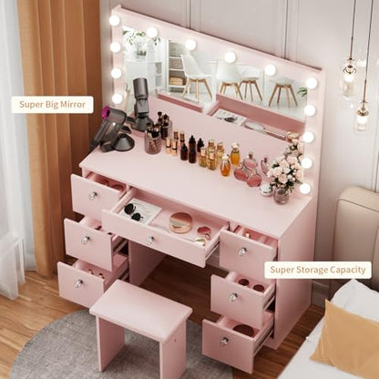 VOWNER Vanity with Lighted Mirror - Makeup Vanity Desk with Glass Top, 7 Drawers and Power Outlet, 3 Color Lighting Modes Adjustable Brightness, 44" Vanity Table with Stool for Women Girls, Pink - color: Pink