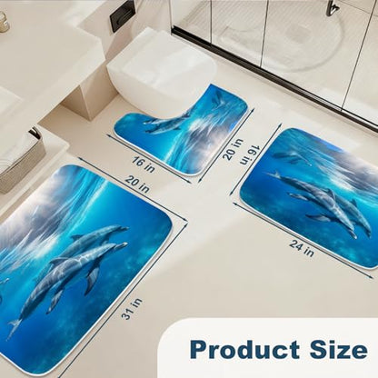 Bathroom Mat Set Ocean Nautical Boys Bathroom Rugs Sets 3 Piece Undersea Dolphins, Memory Foam Bath Rugs, U-Shaped Toilet Rug Non Slip Absorbent Blue - color: Color4