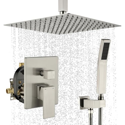 WELLFOR 12-In Ceiling Mount Shower System with Single Handle, Pressure-balanced Valve Included, Waterfall Dual Head Shower Head System, Rain Shower System, Shower Faucet Trim Kits, Brushed Nickel - color: Brushed Nickel, style: Ceiling Mount 12-Inch