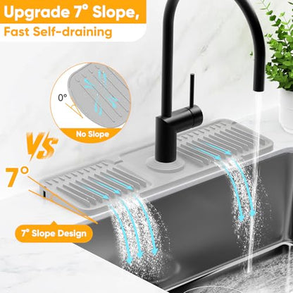 17.7'' Folding Faucet Mat for Kitchen Sink Splash Guard[7° Slope Fast Self-draining][Snap Lock Fit] Kitchen Sink Faucet Mat Splash Guard Kitchen Sink Area Water Splash Guard Behind Faucet Draining Mat - color: Light Gray, size: 17.7" x 5.5"