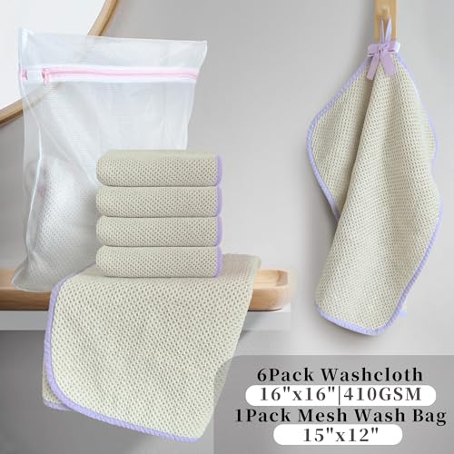VOOVA & MOVAS Waffle Wash Cloths 6 Pack, 100% Cotton, 16x16 in, Beige | Designed for Face & Body Cleansing, Built-in Hanging Loop, Purple Piping, Waffle Weave Material - color: Purple Piping, size: 6PC Washcloth (16"x16")