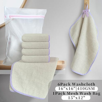 VOOVA & MOVAS Waffle Wash Cloths 6 Pack, 100% Cotton, 16x16 in, Beige | Designed for Face & Body Cleansing, Built-in Hanging Loop, Purple Piping, Waffle Weave Material - color: Purple Piping, size: 6PC Washcloth (16"x16")