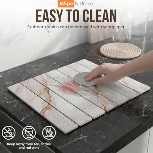 Large Stone Dish Drying Mat for Kitchen Counter 24"(L)×16"(W) – in Super Absorbent Diatomaceous Earth Drying Stone, Quick-Dry & Collapsible for Dishes, Bottles & Cups (White & Gold) - color: White & Gold