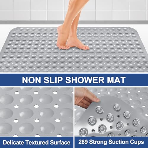Square Shower Mat Non Slip: 32" x 32" Large Shower Mats for Inside Shower - Soft TPE Cuttable Anti Slip Shower Floor Mat with Drain Holes and Suction Cups - color: Gray