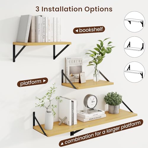 Deep Floating Shelves, 16'' x 10'' Oak Wall Shelves Set of 2 | 10 Inch Deep Shelves with Heavy Duty Brackets, Rustic Wood Shelves for Bathroom Living Room, Engineered Wood, 35LBS - color: Oak, size: 16W x 10D