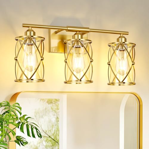 3-Light Brushed Gold Bathroom Light Fixtures, 21 Inch Modern Bathroom Vanity Lighting Fixtures Over Mirror with Clear Glass and Metal Cage Wall Sconce Lights for Bath, E26, CH9176BG-3W - color: Gold + Clear Glass, size: 3-Light, 21" L