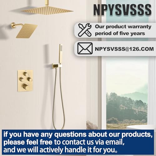 Dual Shower Heads Shower System with 16" Ceiling Mounted Rain Shower Head & 6" Wall Mounted Head Full Body Shower System 3 Way Thermostatic Shower Valve Can All Run Together, Brushed Gold - color: Brushed Gold, style: 16inch+6inch