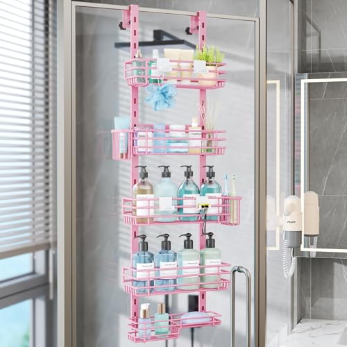 Consumest Over The Door Shower Caddy - 5 Tier Adjustable Shower Organizer Hanging with 2 Toothbrush Holders & 4 Hooks, Rustproof Organizer Shelf, Storage Rack for Bathroom, Pink - color: Pink, size: 5-Tier