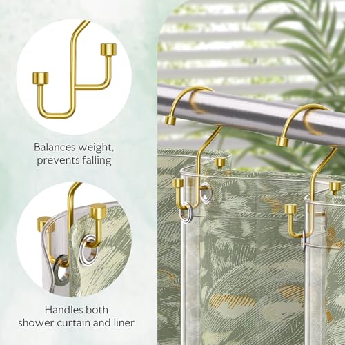 Bathway 12-Pack Double Shower Curtain Hooks, Rust-Resistant Metal Shower Curtain Rings with High-Low Design to Separate Liner & Curtain, Smooth Glide, Gold - color: Gold