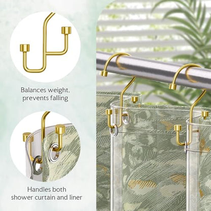 Bathway 12-Pack Double Shower Curtain Hooks, Rust-Resistant Metal Shower Curtain Rings with High-Low Design to Separate Liner & Curtain, Smooth Glide, Gold - color: Gold