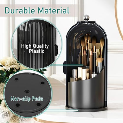 GAXmi Makeup Brush Holder with Lid Rotating Cosmetic Organizer, Dark Black | 360 Rotation, Waterproof, Dustproof, Moistureproof - color: Dark Black