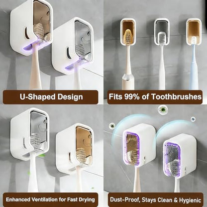 3pc Wall Mount Toothbrush Holder with Lid Self Adhesive, No Drill | Clear Acrylic Dustproof Cover, Fits Electric Toothbrushes, Hygienic for Bathroom & Travel - size: 1 Black , 1 White & 1 Grey