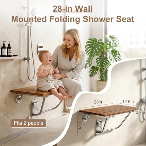 28'' Folding Shower Seat Wall Mounted, 500lb Load Capacity, Space-Saving | Folding Shower Bench with Stainless Steel Bracket, for Elderly, Pregnant Women, Kids, Disabled - size: 28 inches