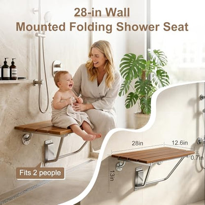 28'' Folding Shower Seat Wall Mounted, 500lb Load Capacity, Space-Saving | Folding Shower Bench with Stainless Steel Bracket, for Elderly, Pregnant Women, Kids, Disabled - size: 28 inches