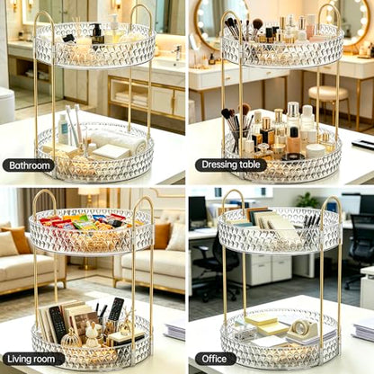 360° Rotating Makeup Organizer, 2-Tier Large Capacity Cosmetic Storage Rack for Bathroom Countertop & Vanity, Clear Acrylic Holder for Skincare, Perfume & Beauty Essentials