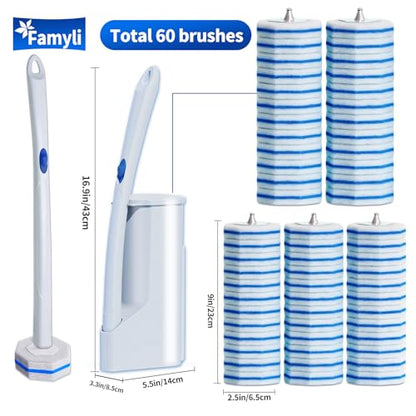 Disposable Toilet Brush Set with 60 Replacement Heads, Toilet Cleaning Replacement Pads, Starter Kit with Storage Case for Deep Cleaning and Hygienic Bathroom Maintenance