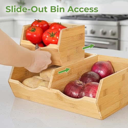 HOMESTEAD Bamboo Pantry Storage Bins – Stackable Potato & Onion Storage Bin for Kitchen Countertop, Pantry Organizer, Fruit Vegetable Basket, Multiuse - Set of 3 Slide-Out Access - size: Medium ( 3 Pack )