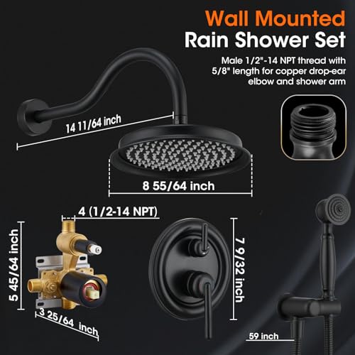 Rainfall Shower System Shower Faucet Set, Luxury, Antique, Matte Black | 9 Inch Shower Head and Handheld Spray, Pressure Balance Valve, Wall Mounted, Bathroom, Shower Trim Kit - color: Matte Black, style: With Handheld